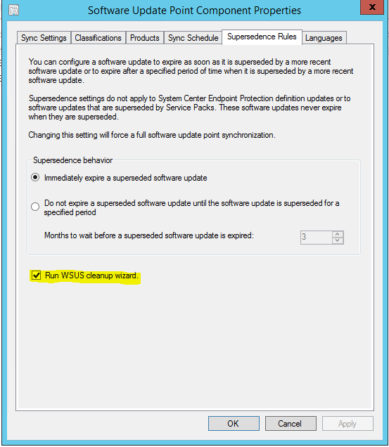 Run WSUS wizard check box