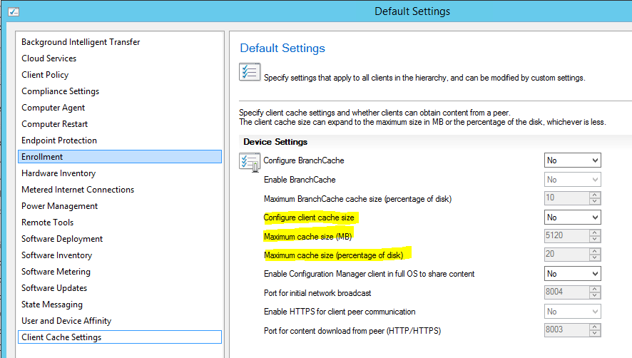 Configure Cache Size configmgr