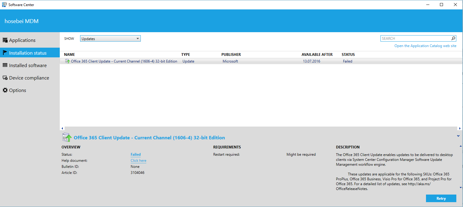 Office 365 Update fails